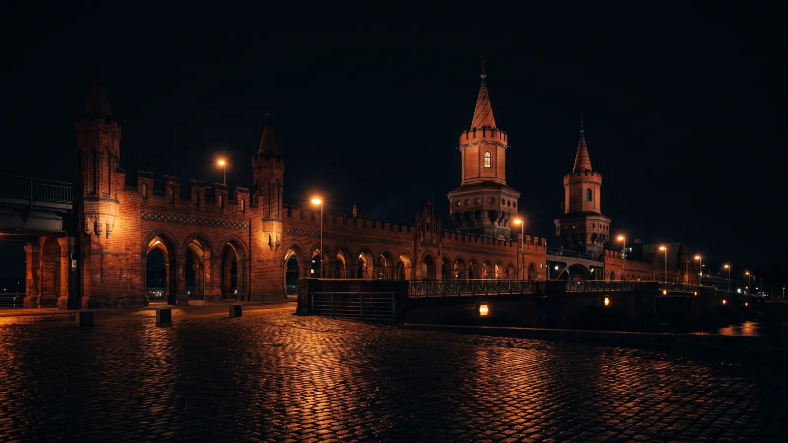 Die Oberbaumbrücke bei Nacht, die beiden Backsteintürme angestrahlt über dem dunklen Spreeufer.