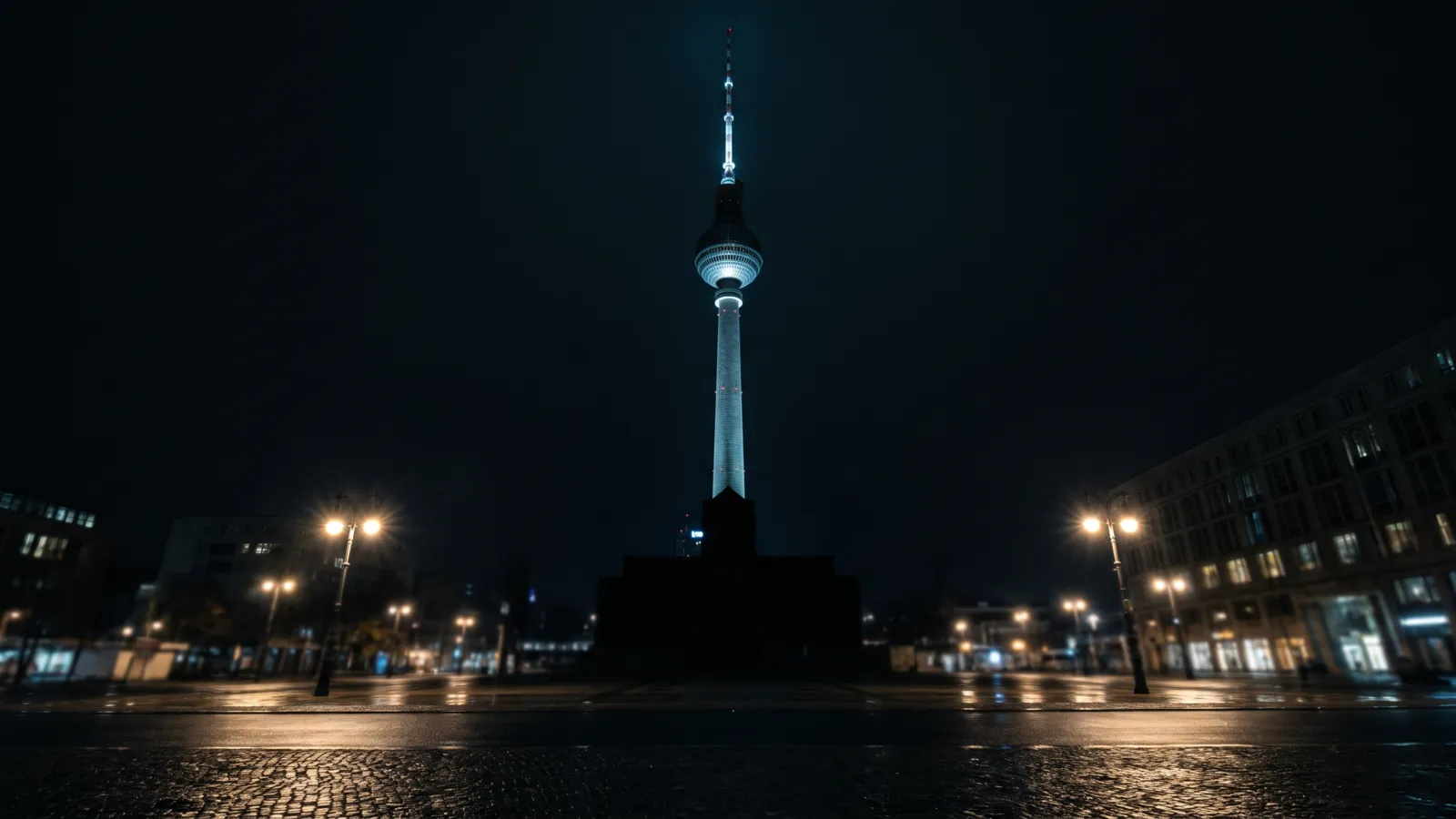 Der Berliner Fernsehturm bei Nacht, die Kugel im kalten Scheinwerferlicht über dem dunklen Alexanderplatz.
