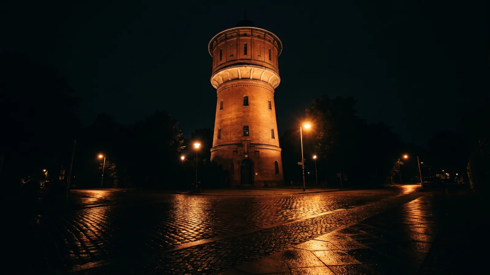 Der Wasserturm im Prenzlauer Berg bei Nacht, der runde Backsteinbau warm angeleuchtet auf seinem Hügel.