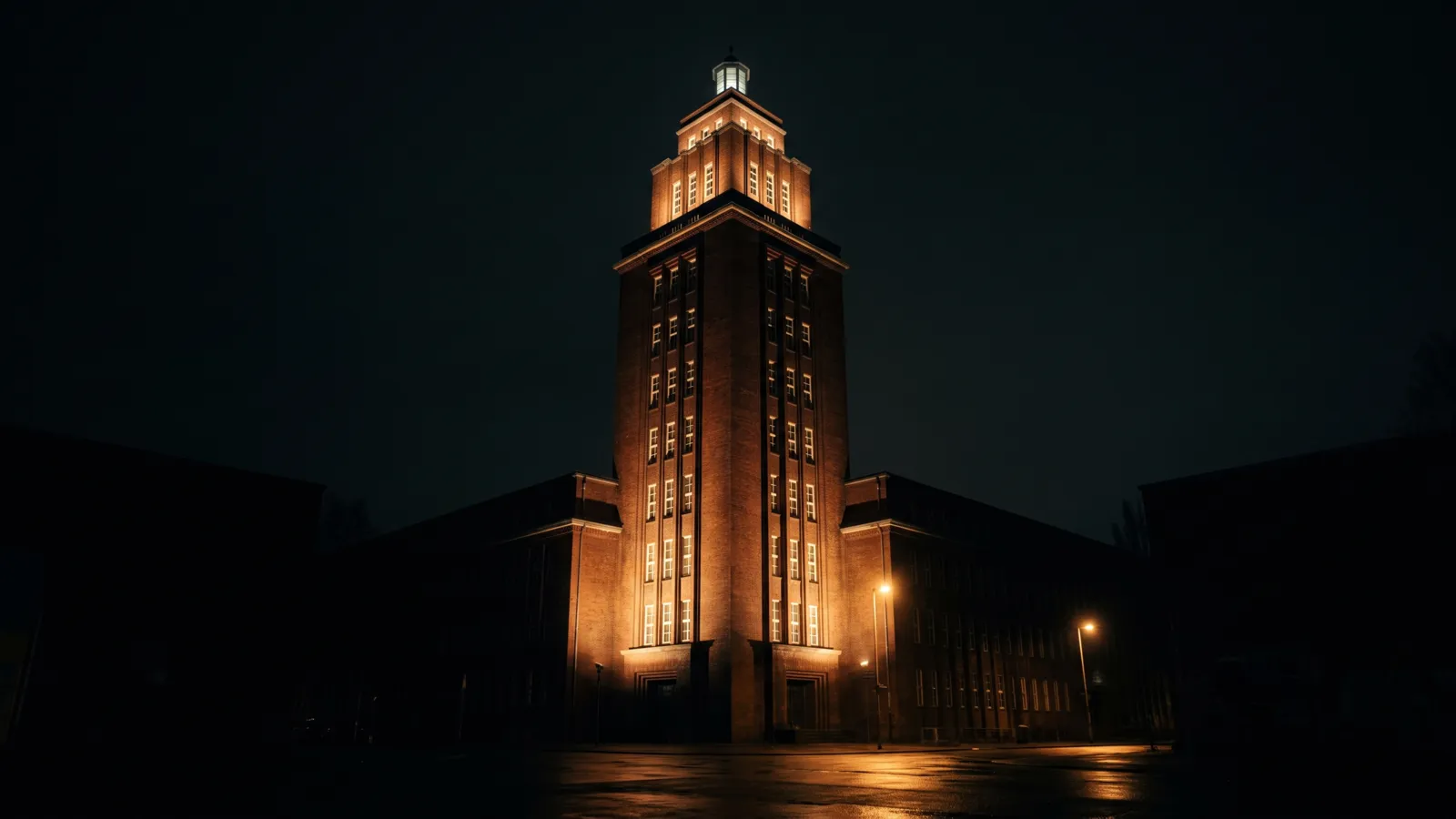 Der Borsigturm in Tegel bei Nacht, der schlanke Backsteinbau mit seinen senkrechten Fensterbändern.